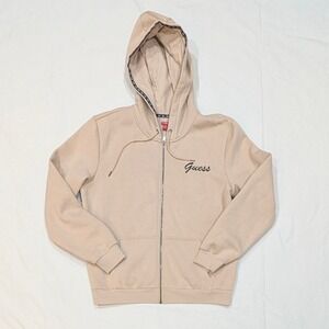 Guess Los Angeles Womens Full Zip Hoodie Tan Beige Logo Fleece Sweatshirt LG